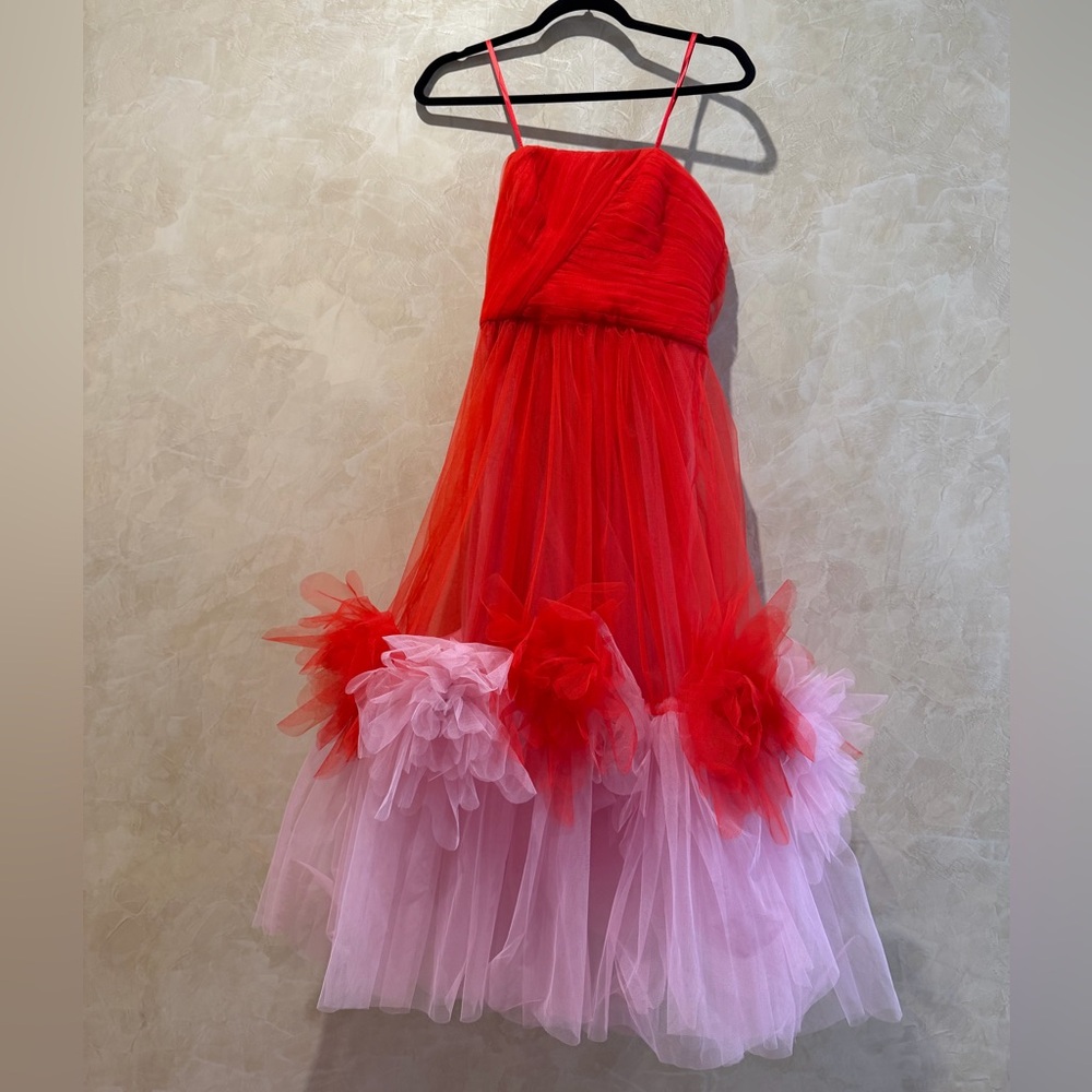 BCBG Strapless Red/Pink Tulle Floral Strap Dress Sz 4 NWT
